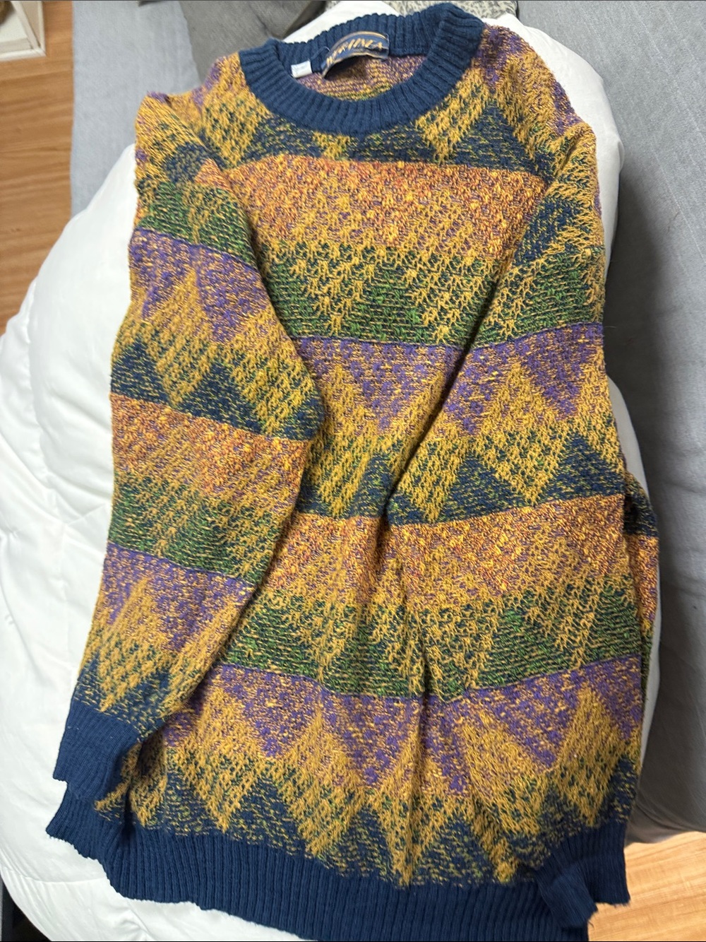 Men’s Multicolor Geometric Crewneck Sweater - Navy Trim